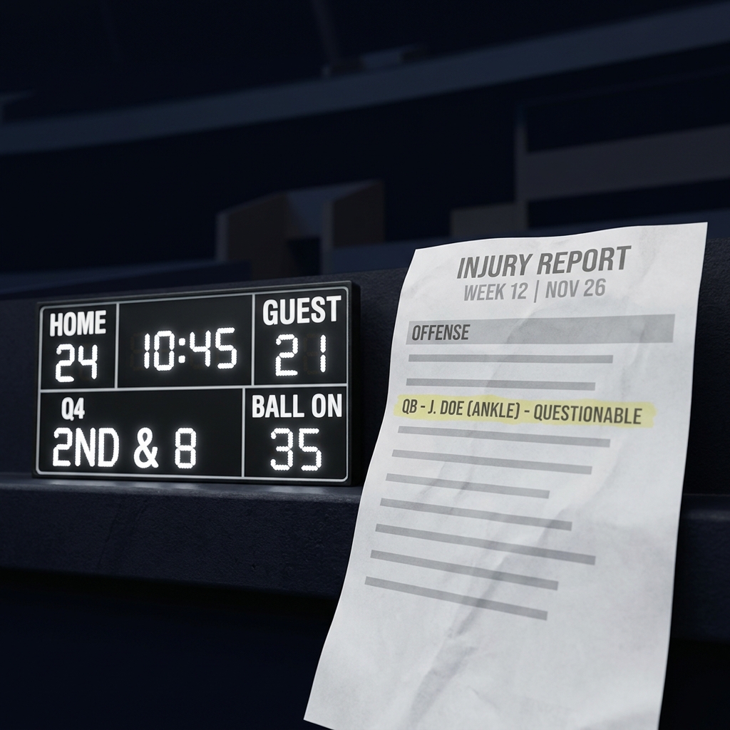 Close up of scoreboard and injury report printout with quarterback line highlighted on dark Funded Plays background nfl over under week 4