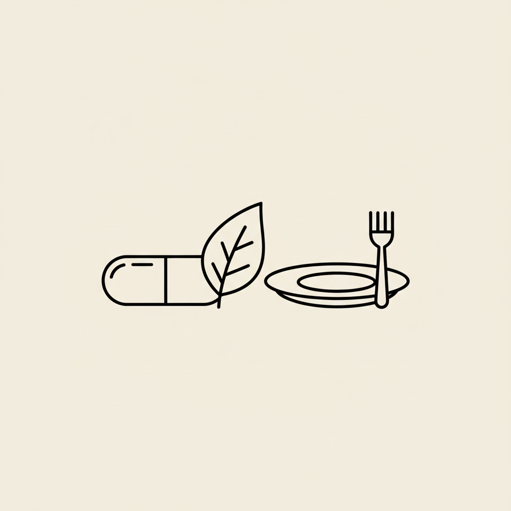 Minimal Tonum-style line illustration of a capsule, leaf, and plate with fork on beige background representing best supplements for weight loss