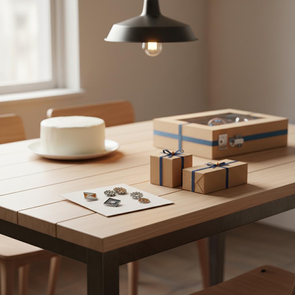 Ess- und Arbeitstisch mit Geschenkdetails (Pins, kleine Boxen, Roboter‑Set) und einer einfachen Vanille‑Geburtstagstorte – geschenke für 11 jährige jungs