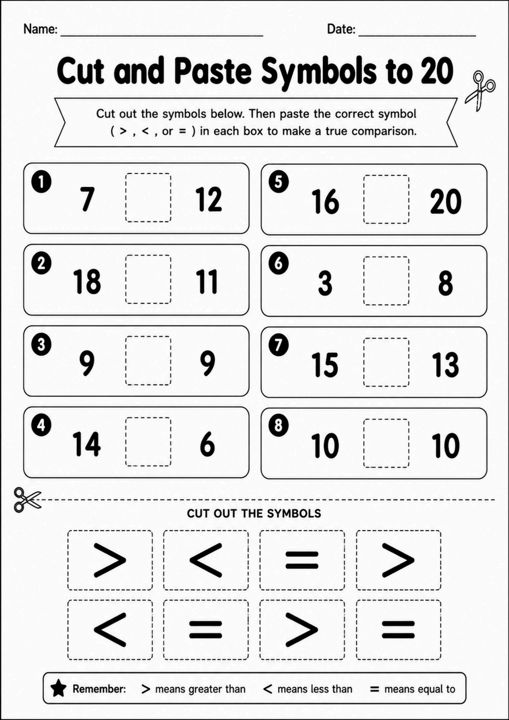 Cut and Paste Symbols to 20 Worksheet