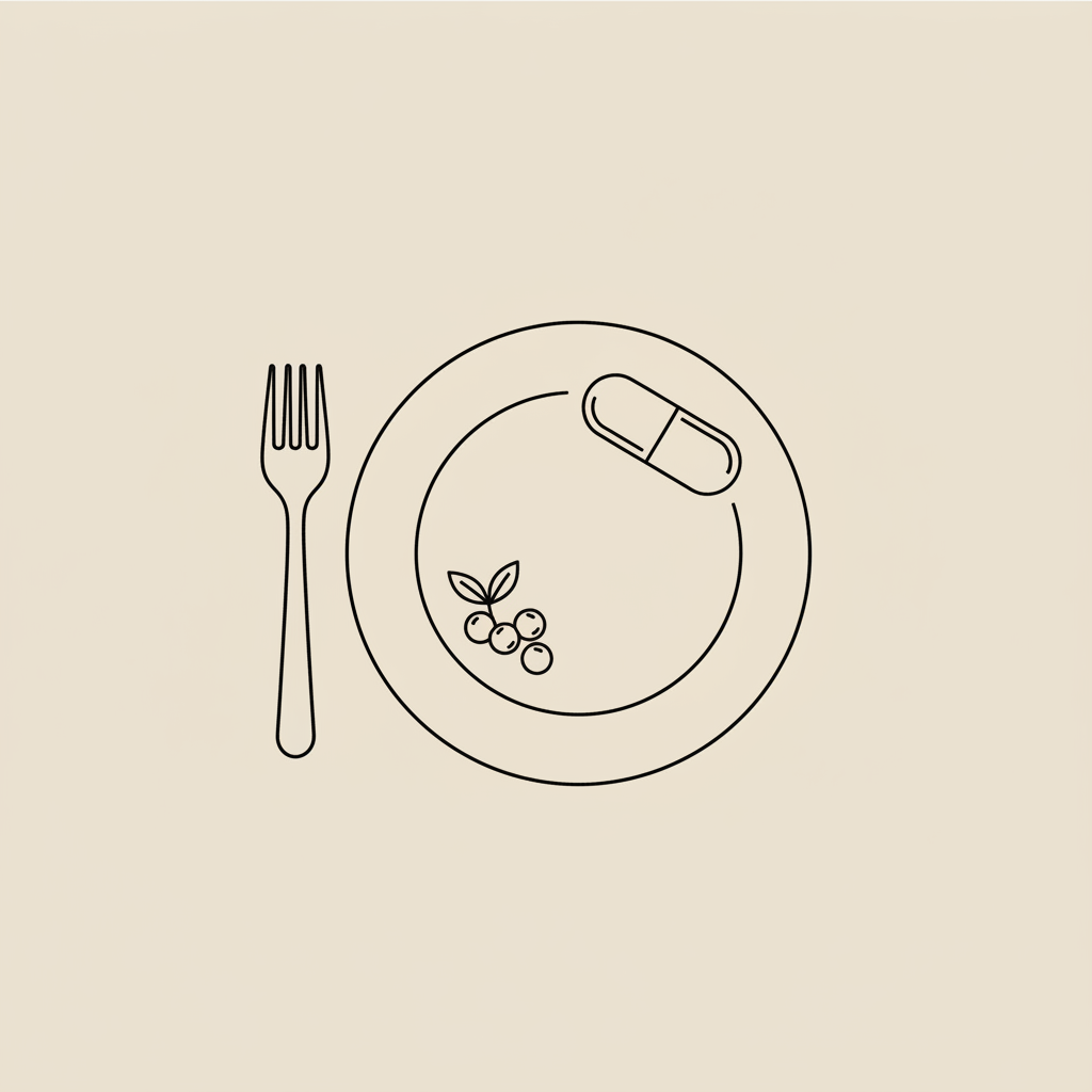 Minimalist 2D vector line illustration of a plate, fork, capsule and small berry cluster on beige background representing meal replacement shakes