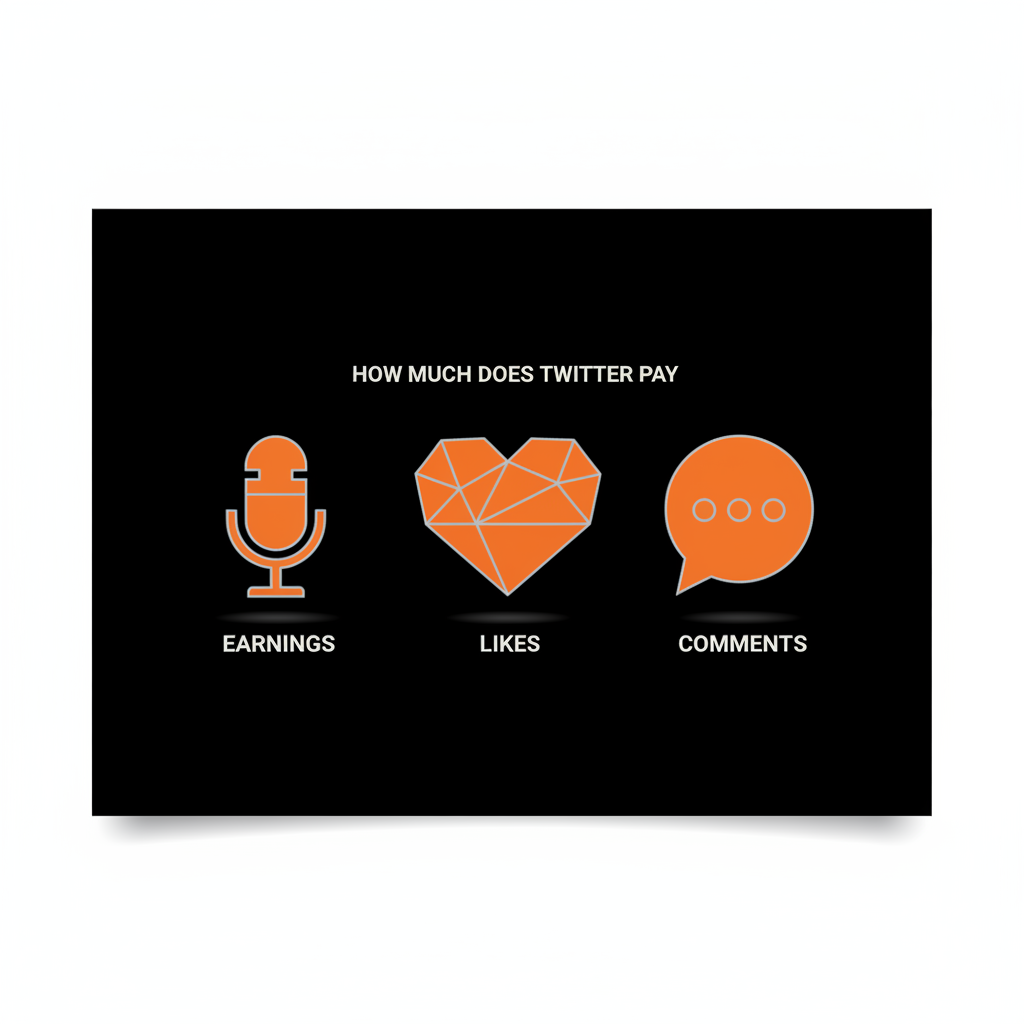 Minimal vector infographic with microphone, heart, and comment bubble icons on black background in Social Success Hub brand colors, illustrating How much does Twitter pay