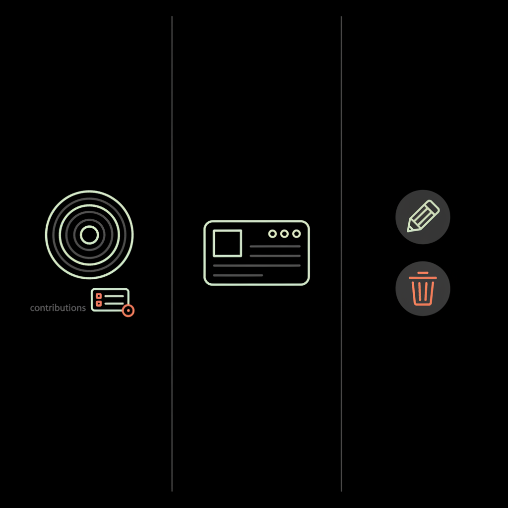 Minimal three-panel vector infographic illustrating steps to remove Google review: avatar/contributions, review card with options (three-dot menu), and edit/delete action icons.