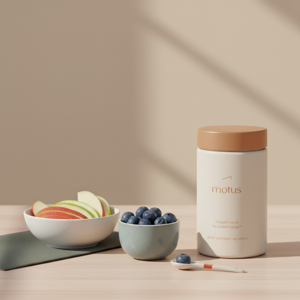 Motus supplement bottle beside a bowl of sliced apples and a small cup of blueberries on a pale wooden table, minimalist Tonum scene suggesting fruits that burn belly fat.