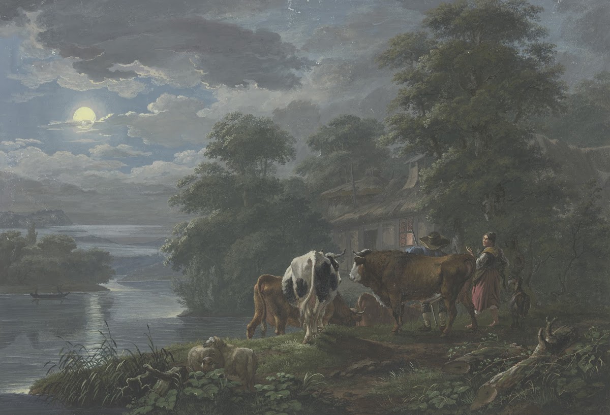 Mondscheinlandschaft an einem Fluß Hirte und Hirtin treiben das Vieh zum Hof 178