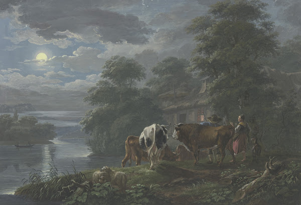 Mondscheinlandschaft an einem Fluß Hirte und Hirtin treiben das Vieh zum Hof 178