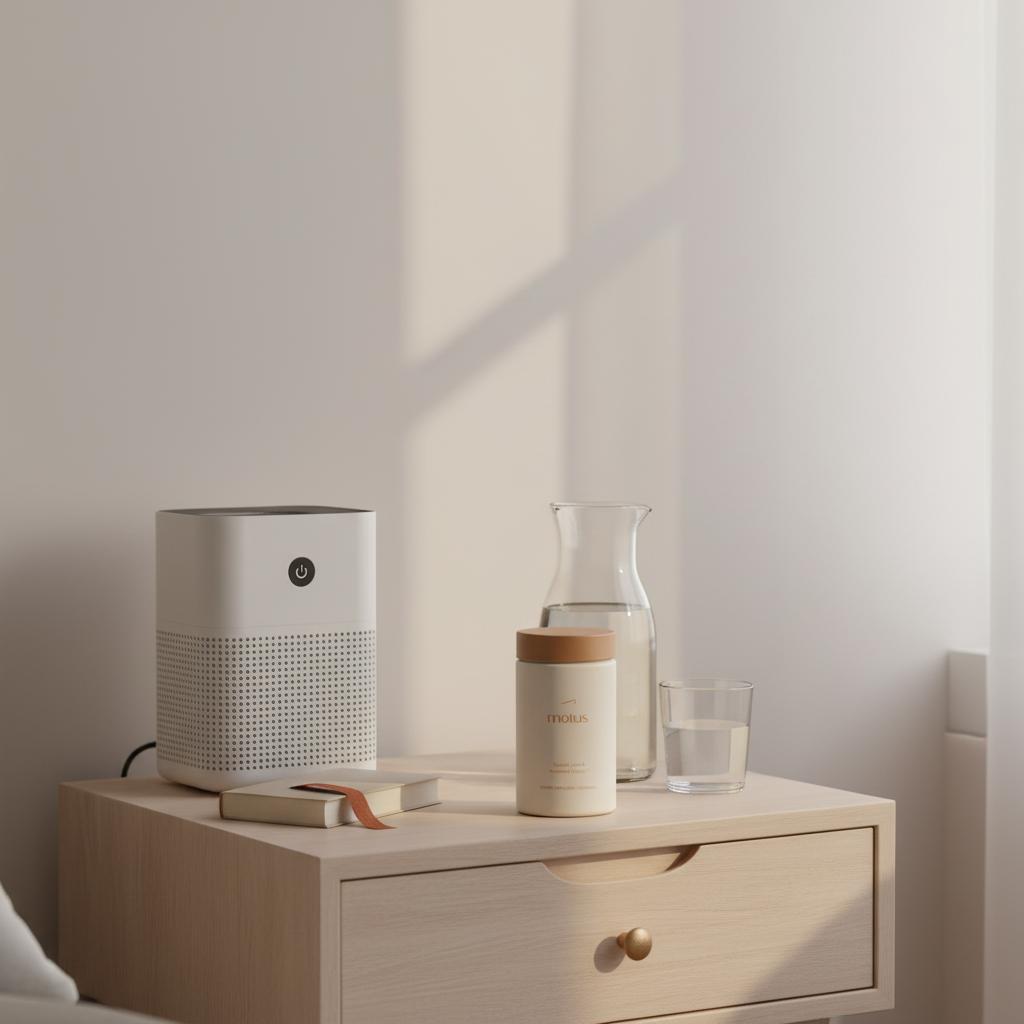 Minimalist bedroom nightstand with HEPA air purifier, glass carafe, and Tonum supplement jar; calm morning light and neutral palette illustrating mitochondrial damage prevention.