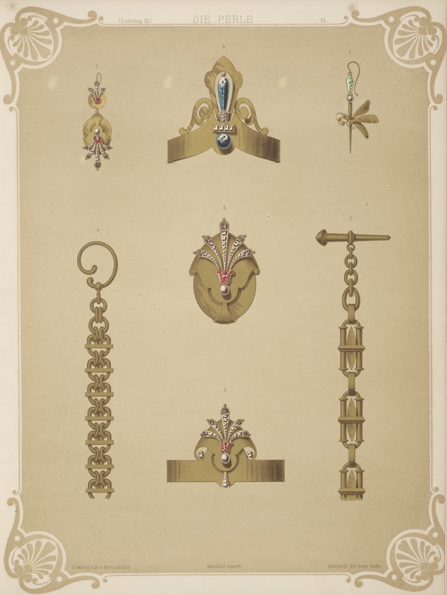 Seven Designs For Jewelry Including Pointed Gold Armband With Blue Stones 1872