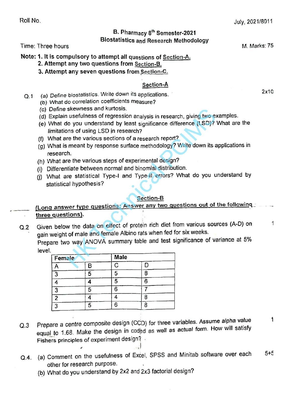 BP801T Biostatistics and Research Methodology 8th Semester B.Pharmacy Previous Year's Question Paper,BP801T Biostatistics and Research Methodology,BPharmacy,BPharm 8th Semester,Previous Year's Question Papers,