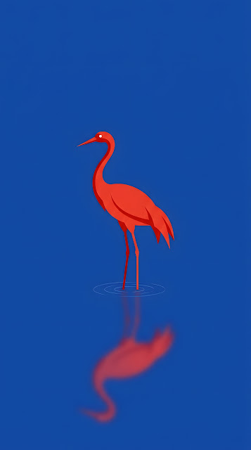 Minimalist Stylized Illustration of a Red Crane Standing in Blue Water - Free mobile Wallpaper