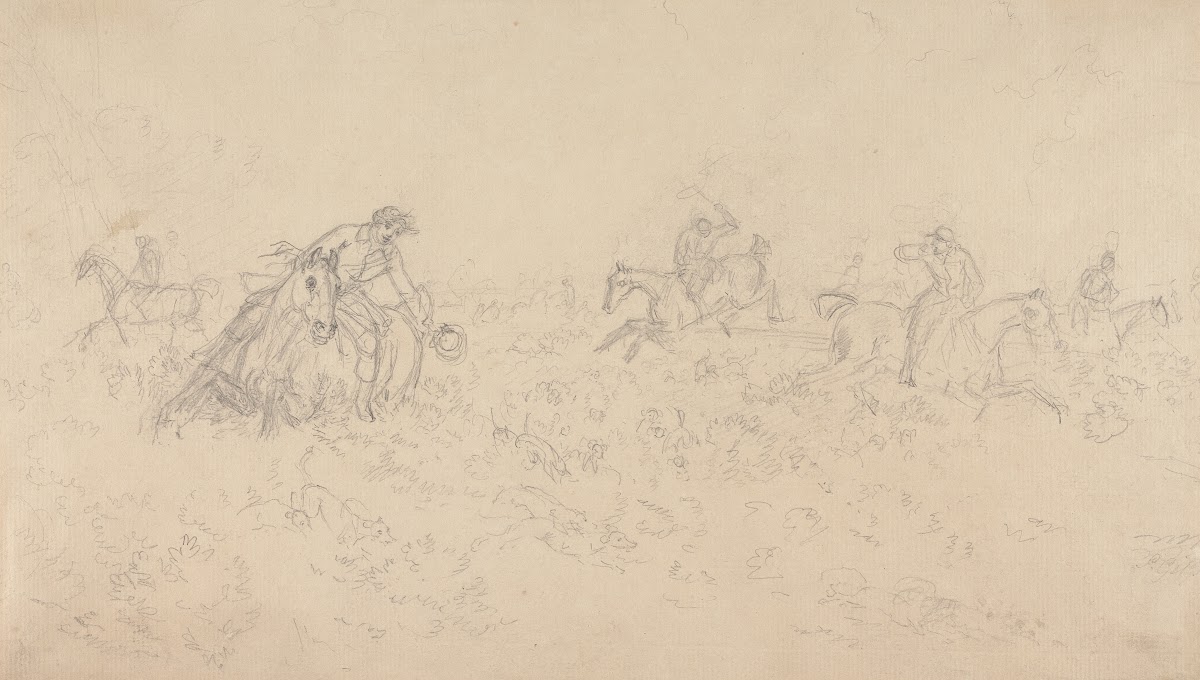 Hunt Followers and Hounds Moving to Right Through Undergrowth