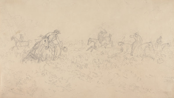 Hunt Followers and Hounds Moving to Right Through Undergrowth