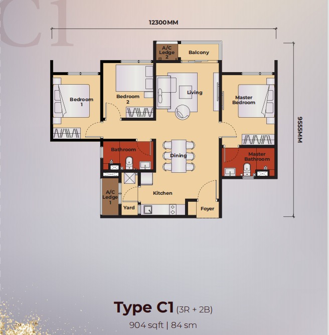 Queenswoodz Type C1 floor plan — 1209 sq ft, 3 bedrooms
