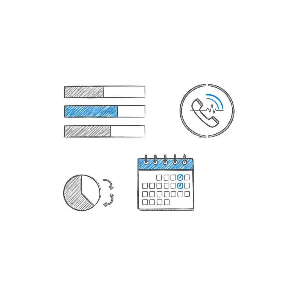 Minimal 2D vector dashboard sketch showing bar charts, a call-tracking icon, and a calendar with test-date marks, accented in brand blue &mdash; Yelp advertising cost.