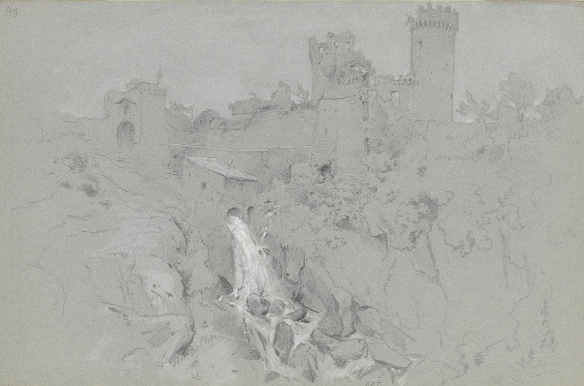 Ruinen von Nepi mit Wasserfalll 1863