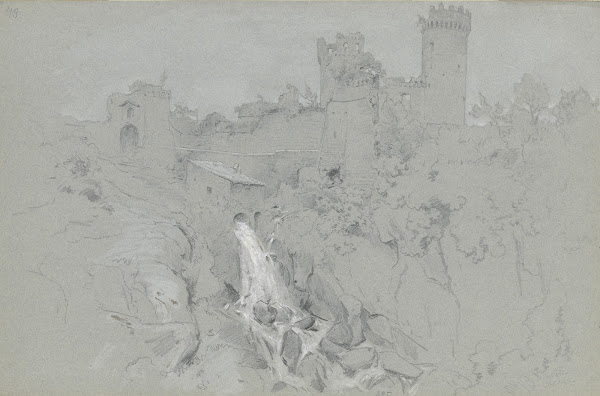 Ruinen von Nepi mit Wasserfalll 1863