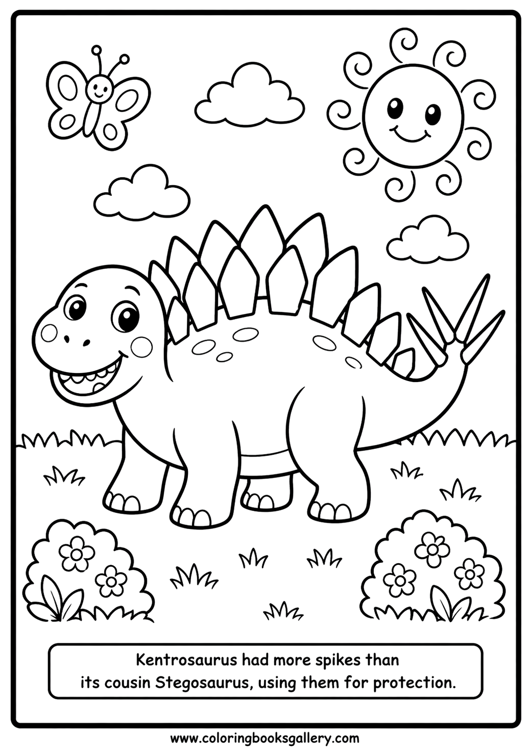 Cute Smiling Kentrosaurus Dinosaur Coloring Sheet – Free Printable for Kids and Adults – free coloring page for kids