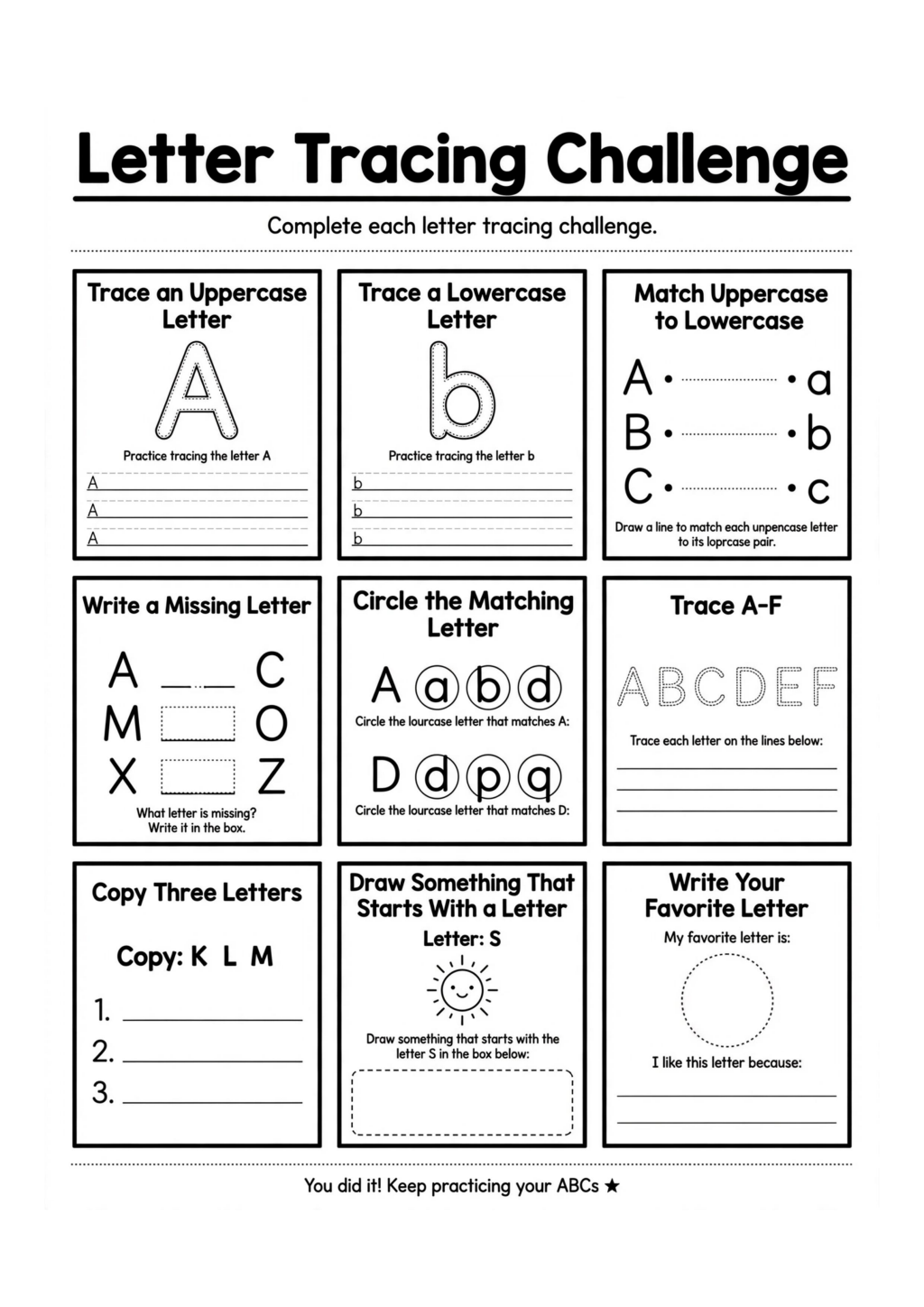 Letter Tracing Challenge Worksheet