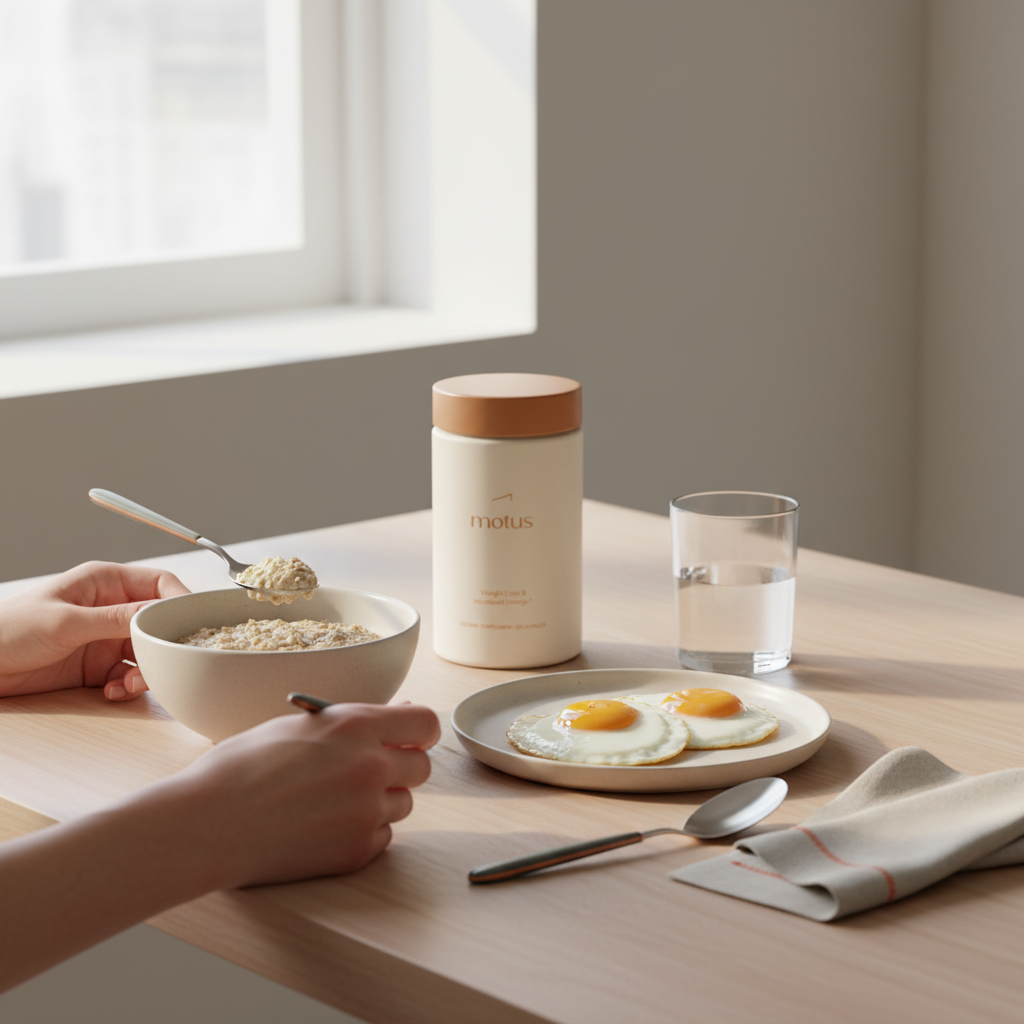 Minimalist breakfast scene with Tonum Motus jar beside oats, eggs and water on a wooden table, suggesting a balanced morning routine for weight loss — best CLA supplement