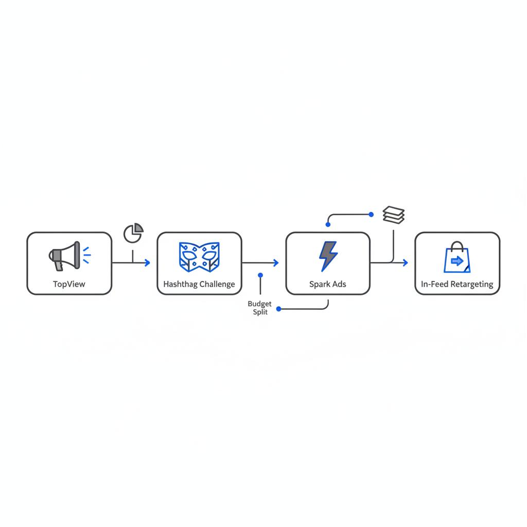Minimal 2D vector campaign flow for TikTok ads: four icon boxes (megaphone, mask effect, lightning bolt, shopping bag) connected by clean arrows on white background.