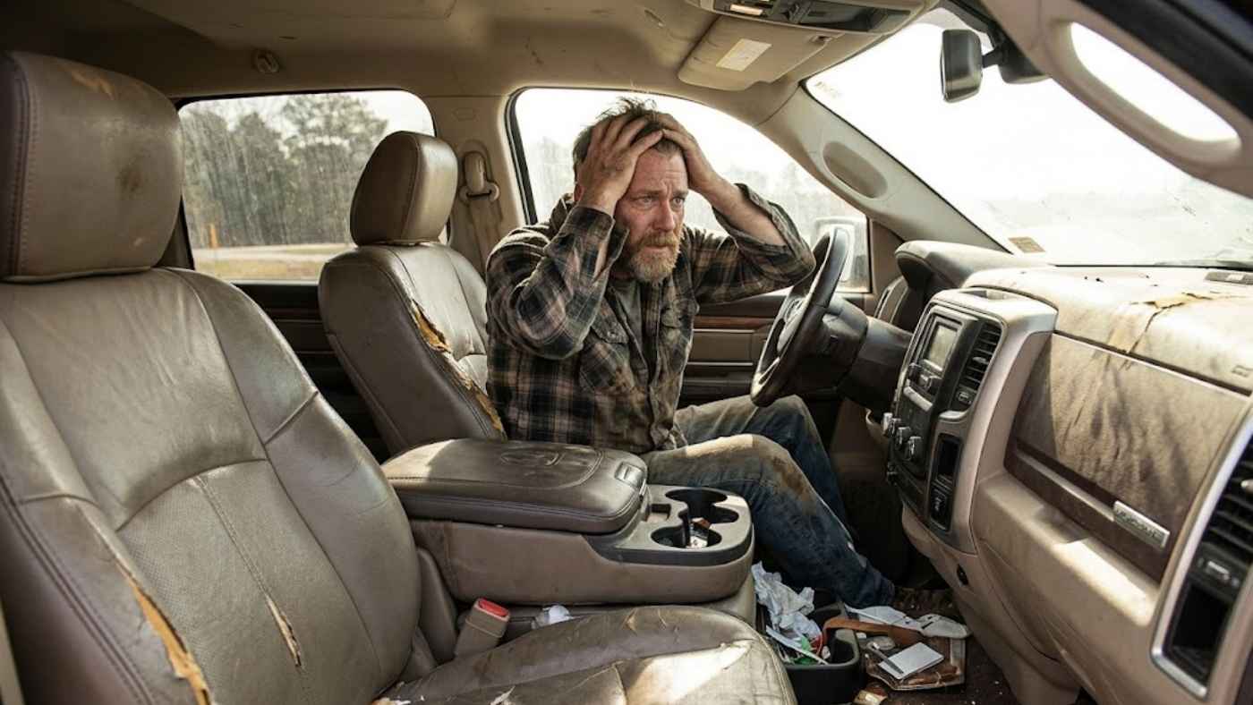 Worn Ram truck leather seats with stressed owner, showing why Laramie seat covers protect premium interiors from daily wear.