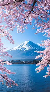 Mount Fuji Framed by Pink Sakura Blossoms and Blue Lake
