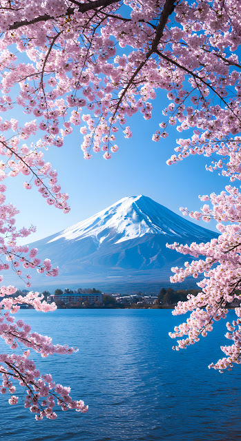 Mount Fuji Framed by Pink Sakura Blossoms and Blue Lake - Free mobile Wallpaper