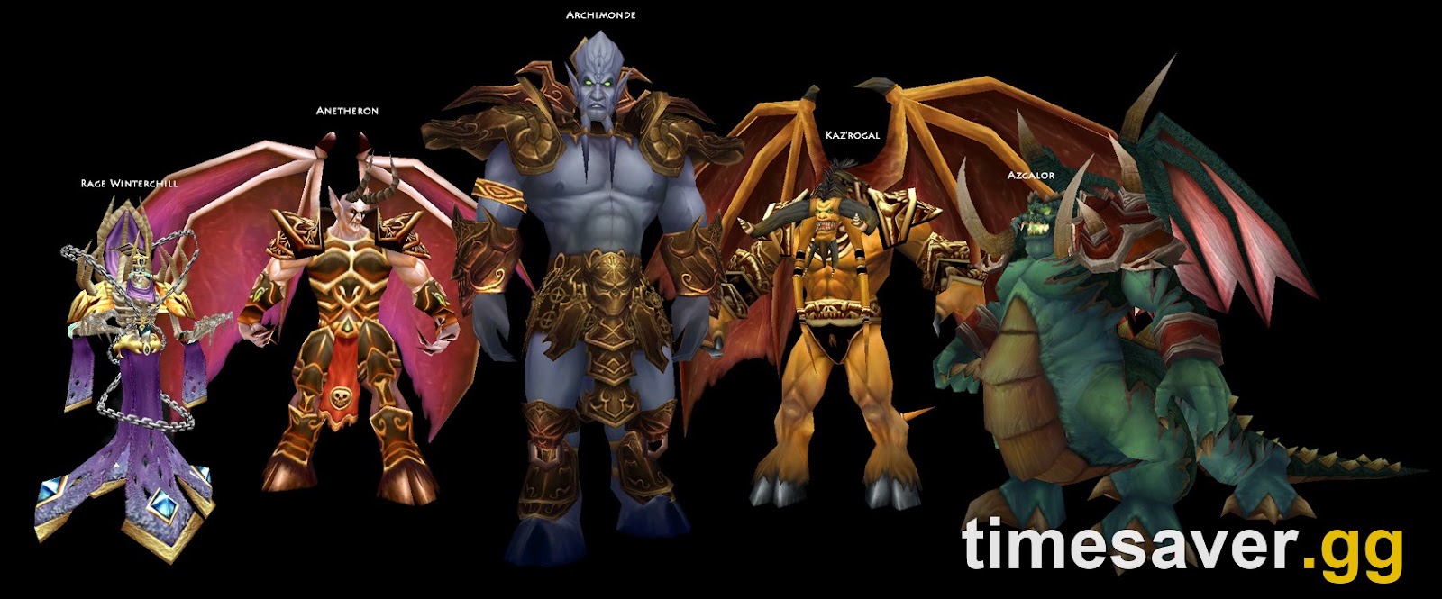 The five bosses of the Battle for Mount Hyjal — Rage Winterchill, Anetheron, Kaz'rogal, Azgalor and Archimonde — each fronted by eight trash waves.
