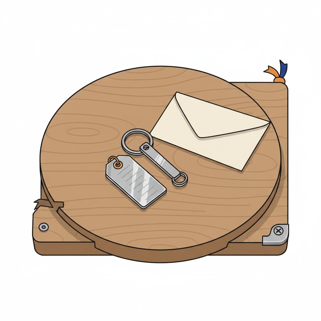 Detailaufnahme von Geschenken auf Holztisch: gravierter Metallanhänger, Schlüsselanhänger und blanke Karte – geburtstagswünsche beste freundin, warmes, leicht industrielles Design.