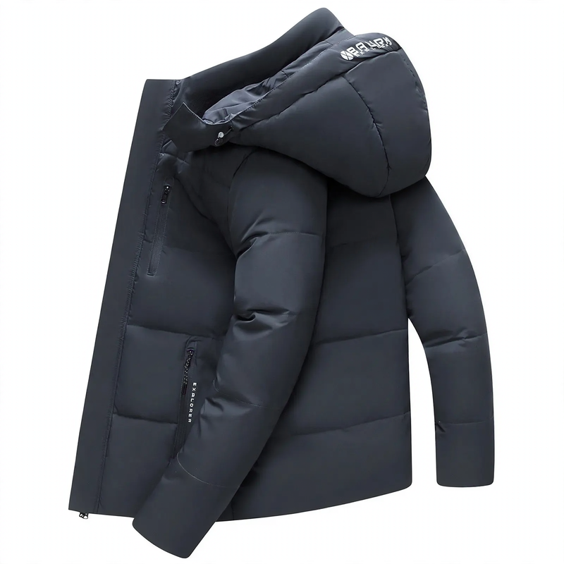 Short men's down jacket with removable hood