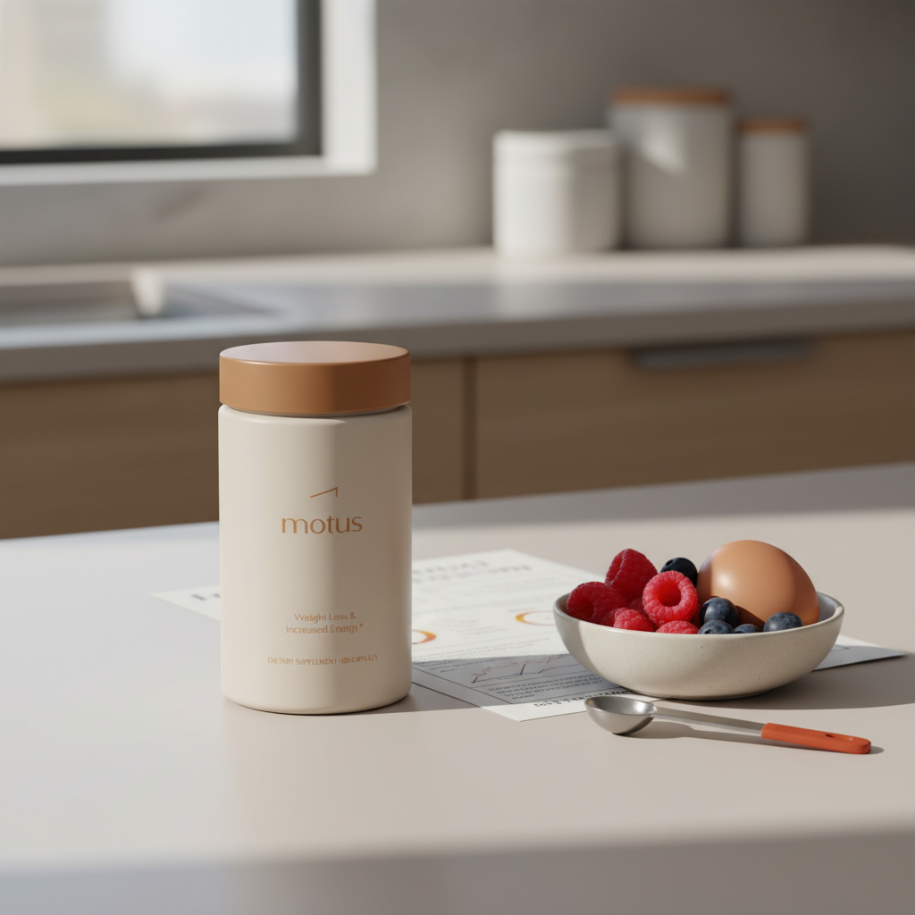 Motus supplement jar on a neutral kitchen counter with berries, an egg and a folded research fact sheet — do exogenous ketones put you in ketosis