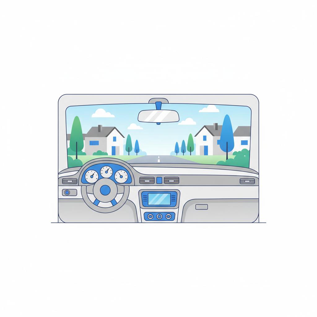 Minimalist 2D vector interior view of compact luxury car dashboard and steering wheel looking onto a suburban road no driver visible audi car dealership