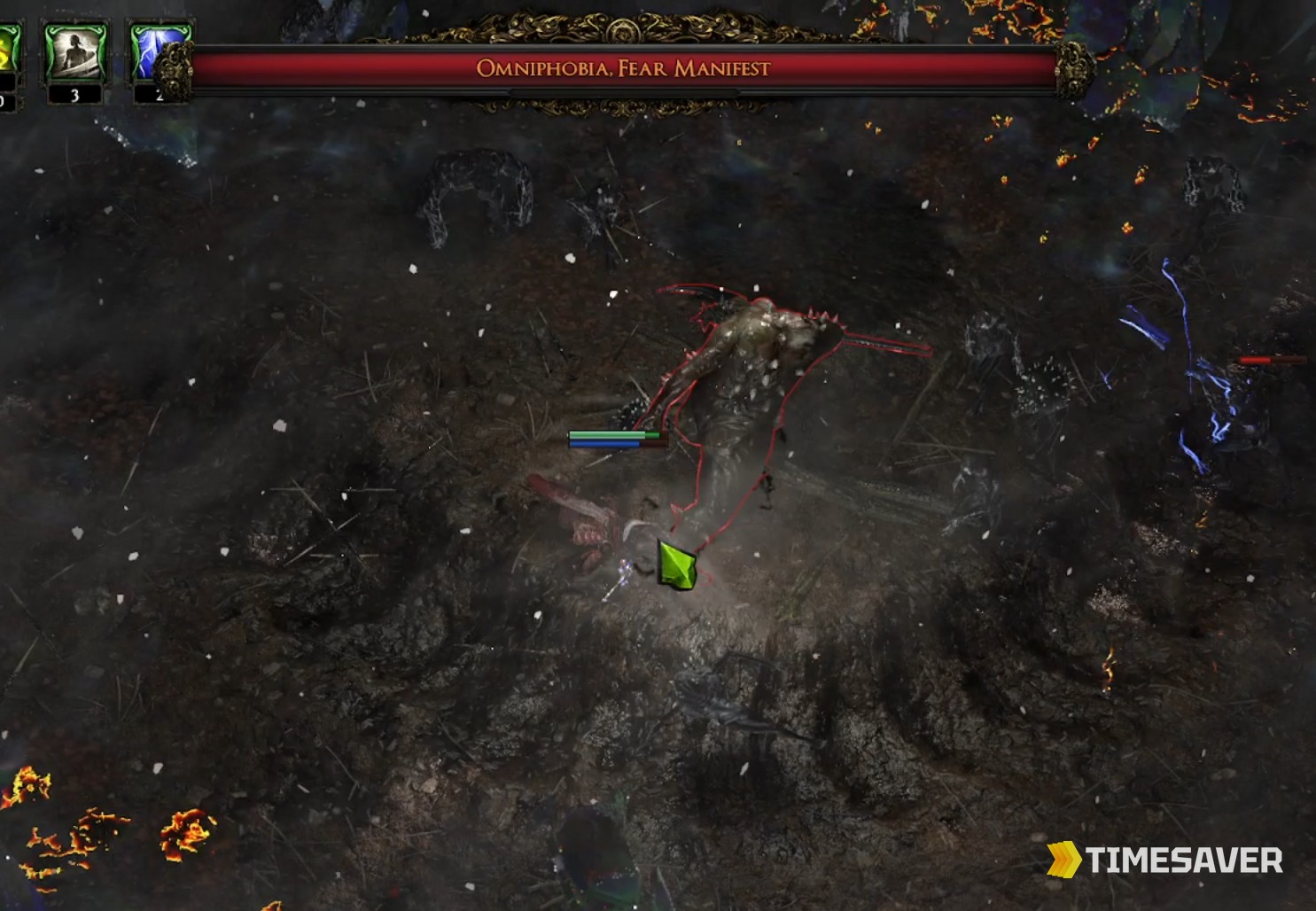 PoE2 Simulacrum boss Omniphobia, Fear Manifest with its red health bar during a Delirium Simulacrum wave