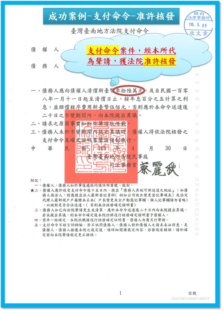 珊白法律事務所支付命令成功案例-法院准許核發
