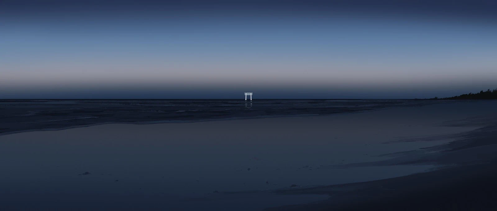 Glowing Torii Gate On Dark Beach - Minimalist Landscape Photography 4K Wallpaper (5640x2400)