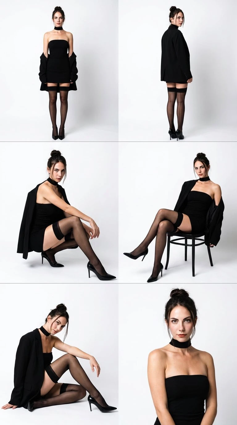 Collage fotográfico de estudio de alta costura realista con seis a ocho poses de la misma mujer.