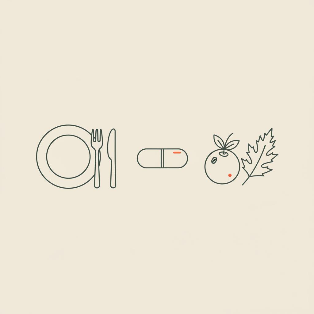 Minimal Tonum-style line illustration of a capsule, small plate with cutlery, berry and milk thistle leaf on beige background, representing probiotic side effects.