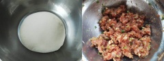 Men nở được pha loãng với nước ấm, đổ từ từ nước men vào bột mì nhào đều cho đến khi thành khối bột đồng nhất không dính tay. Bạn ủ bột cho lên men. Trong lúc ủ bột bạn làm phần nhân thịt. Cho thịt lợn xay vào âu, thêm hành lá thái nhỏ, nước tương, dầu mè, một ít dầu ăn, muối và gia vị rồi trộn đều.