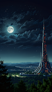 Futuristic Tower Glowing Under Full Moon in Night Sky