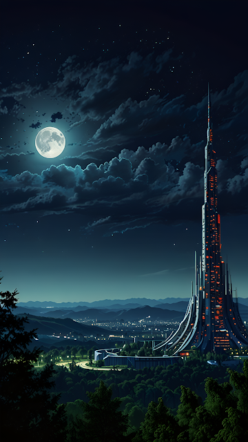 Futuristic Tower Glowing Under Full Moon in Night Sky - Free mobile Wallpaper