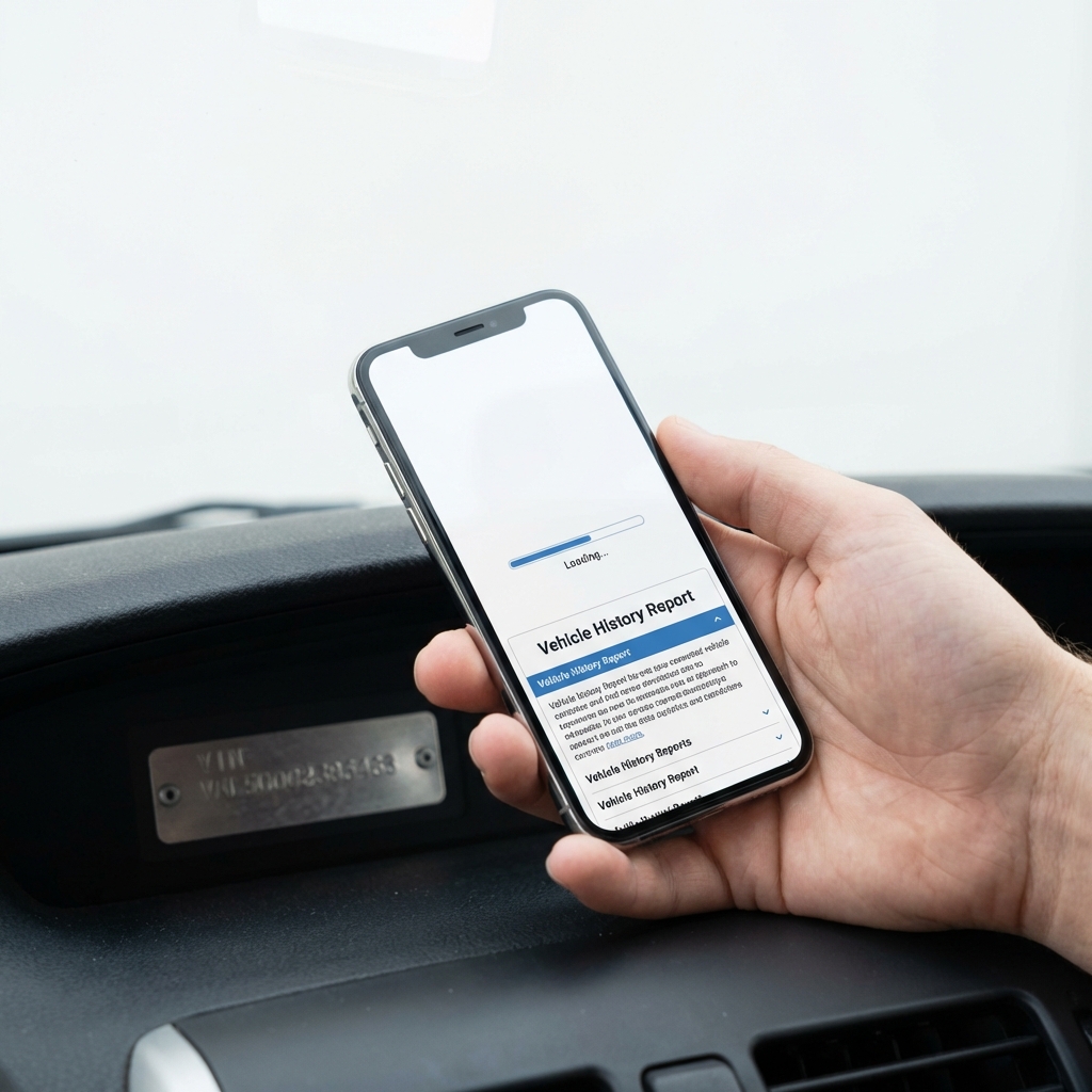 Close up of dashboard VIN and hand holding smartphone loading a vehicle history report for suvs for sale on white minimalist background
