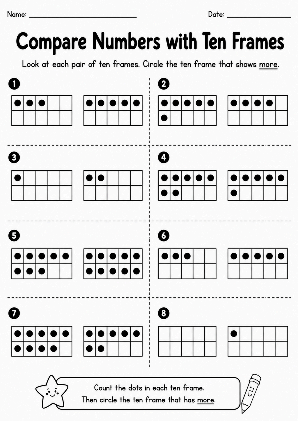 Compare Numbers with Ten Frames Worksheet