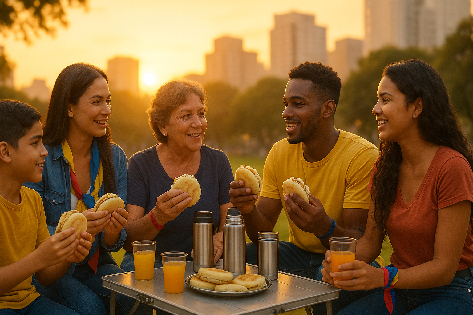 Venezolanos compartiendo arepas en un parque, ambiente cálido y comunitario