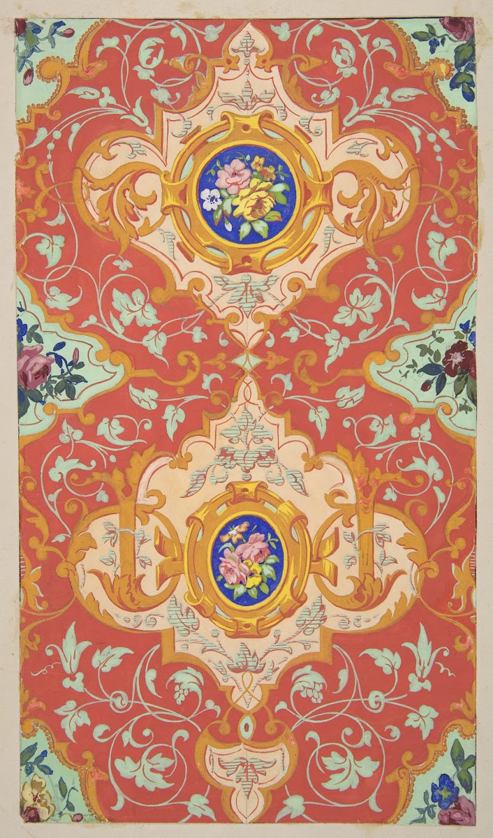 Design for wallpaper featuring strapwork rinceaux and cartouches filled with bou