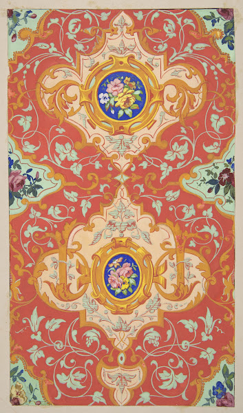 Design for wallpaper featuring strapwork rinceaux and cartouches filled with bou