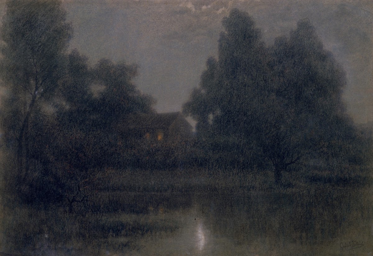 Moonlight Scene with House Lake and Trees c 1890