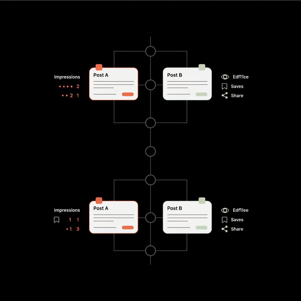 Minimal vertical vector infographic showing a 7-day A/B test timeline with two parallel posts and metric icons for impressions, saves, shares — instagram hashtags 2025