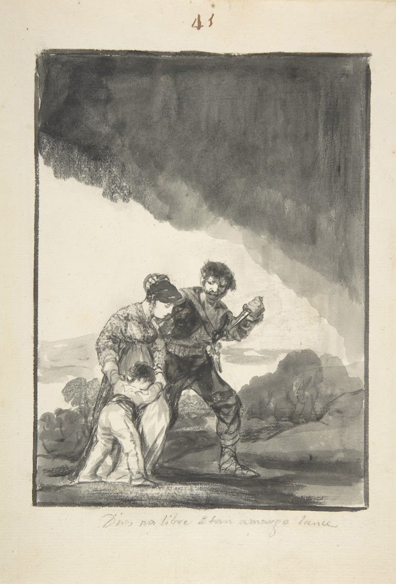 God Save Us from Such a Bitter Fate a bandit threatening a woman and a child wit