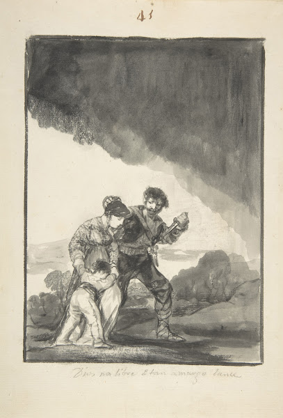 God Save Us from Such a Bitter Fate a bandit threatening a woman and a child wit