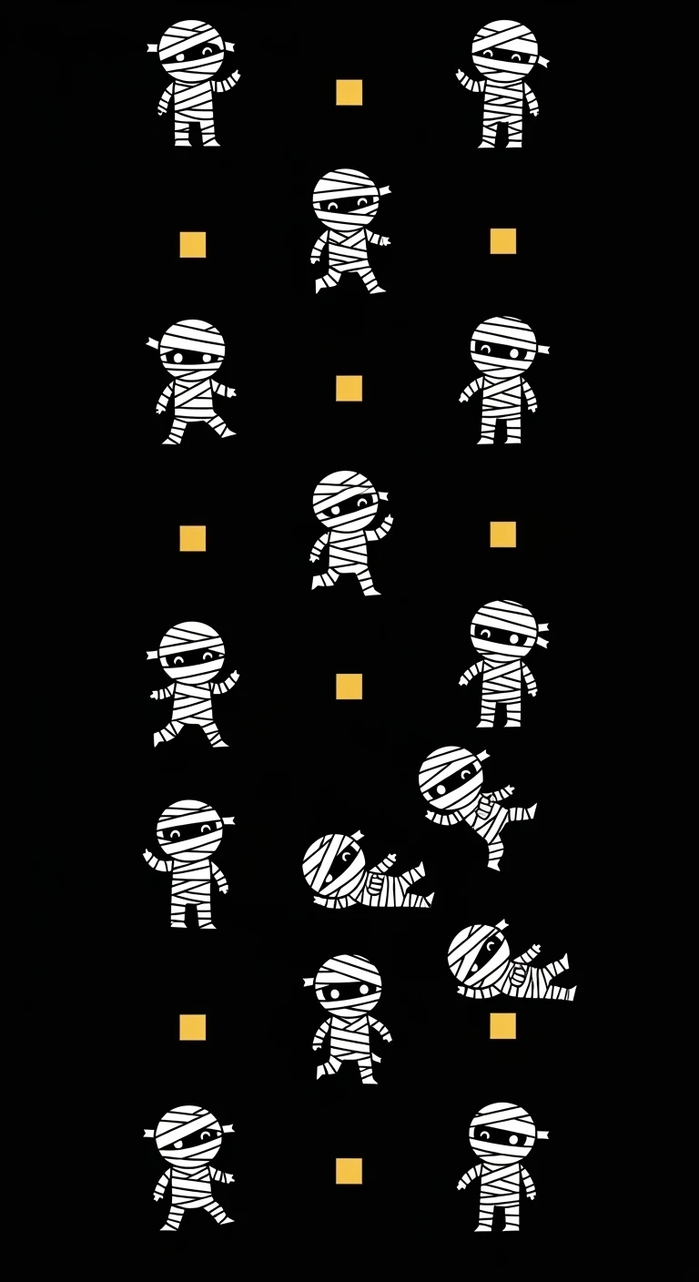 Minimalist Vertical Seamless Pattern of Cute Cartoon Mummies on a Black Background - Free 4K mobile Wallpaper